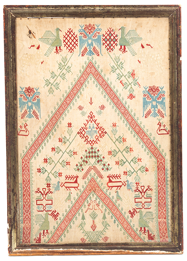 Appraisal: EUROPEAN SAMPLER Eighteenth century silk on linen Precisely stitches motifs