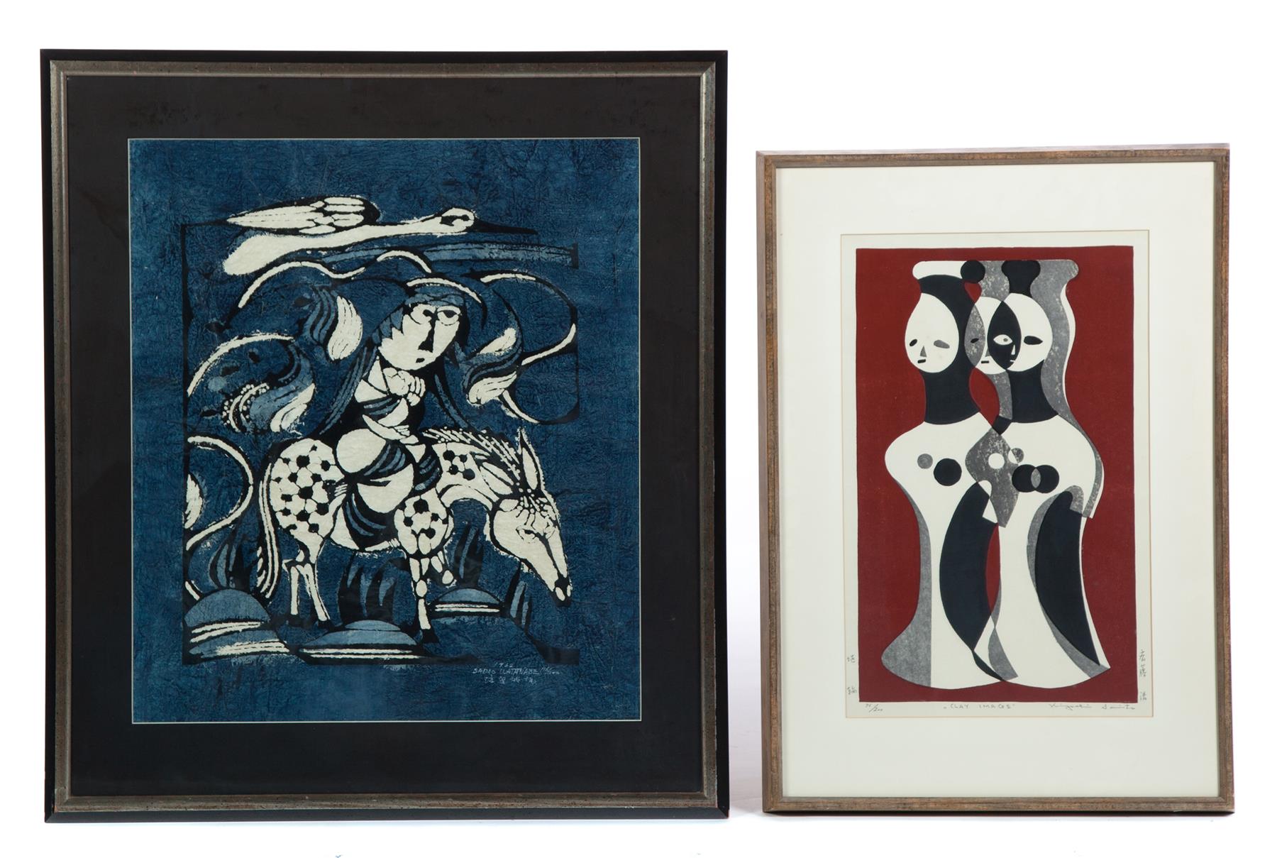 Appraisal: TWO JAPANESE WOODBLOCK PRINTS Mid th century Clay Image by