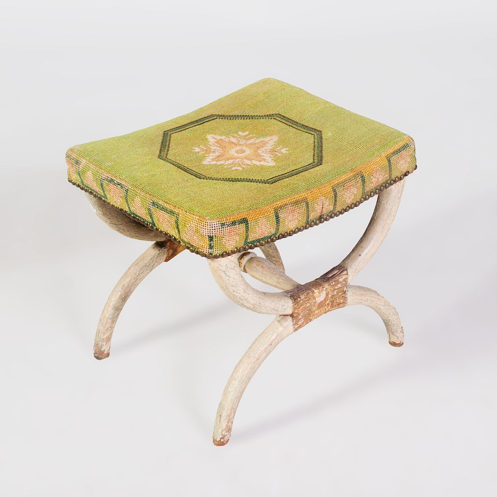 Appraisal: Empire Painted and Parcel-Gilt Tabouret Upholstered in needlework x x