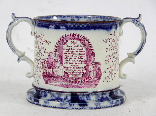 Appraisal: A th Century Staffordshire two-handled harvest mug printed in puce