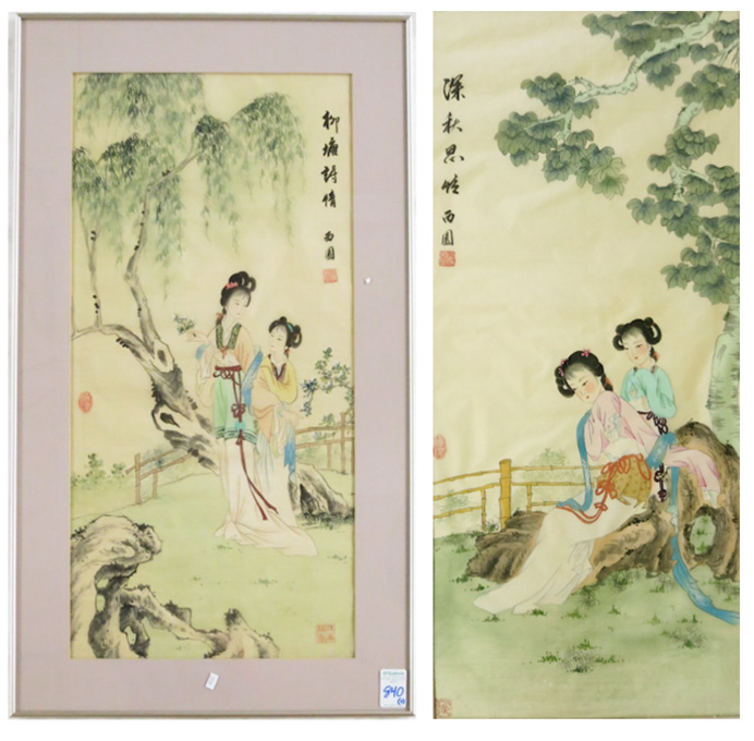 Appraisal: TWO CHINESE PAINTINGS ON SILK WOMEN IN A GARDEN th