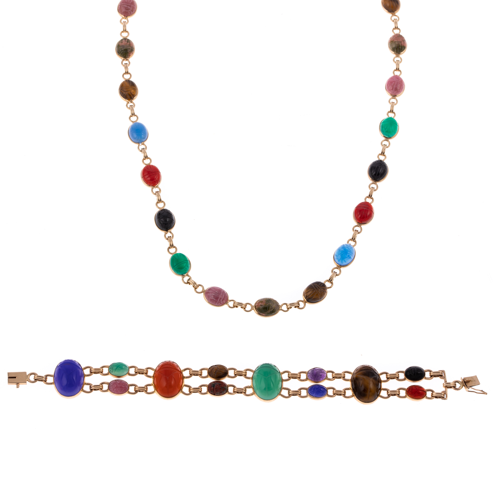 Appraisal: A MATCHING SCARAB NECKLACE BRACELET IN K K yellow gold