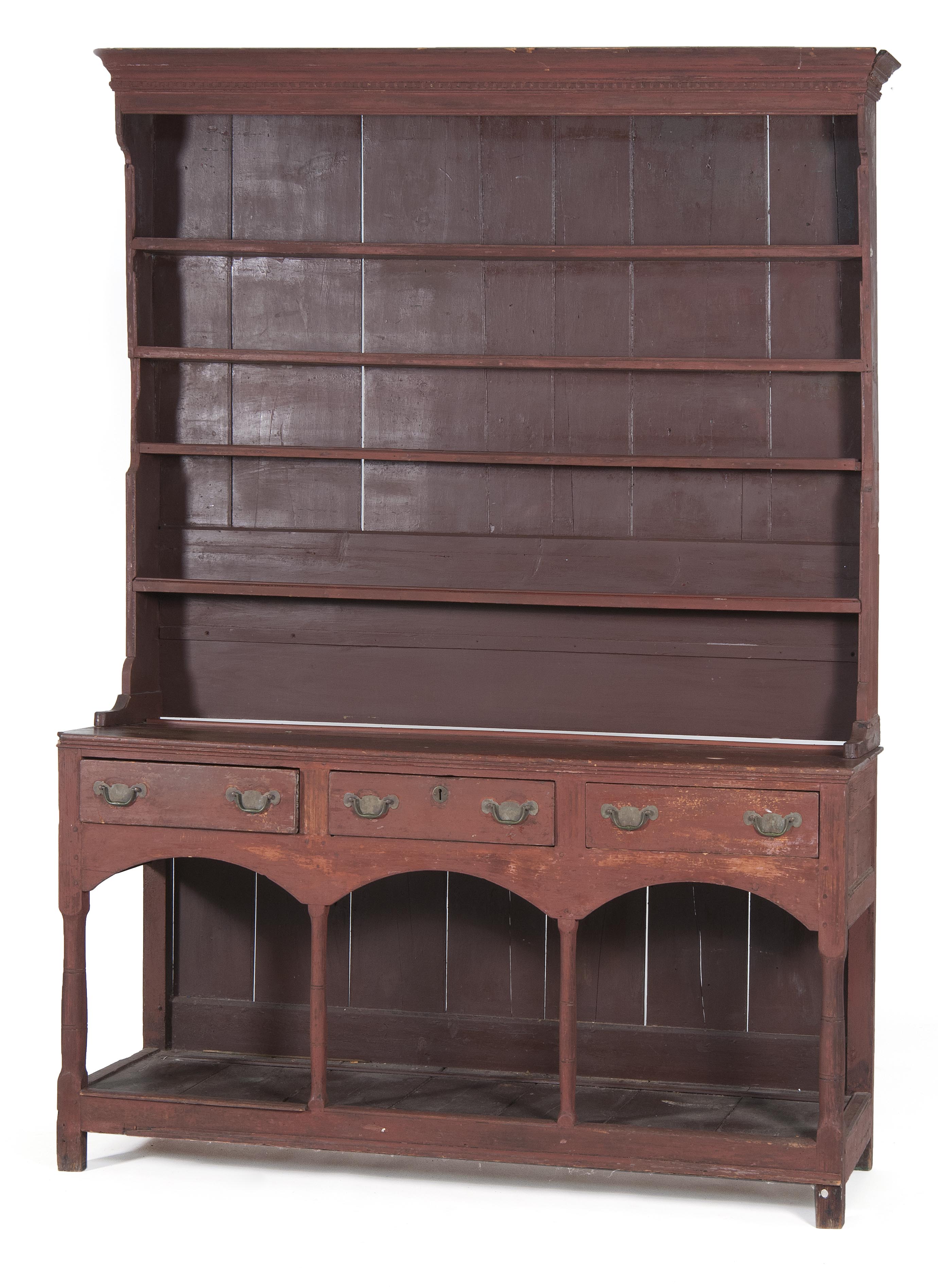 Appraisal: ANTIQUE TWO-PIECE CUPBOARD Continental Late th CenturyIn old red-wash finish