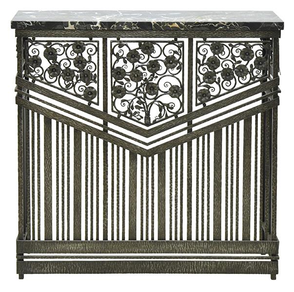 Appraisal: AN ART DECO STYLE WROUGHT IRON AND MARBLE CONSOLE with