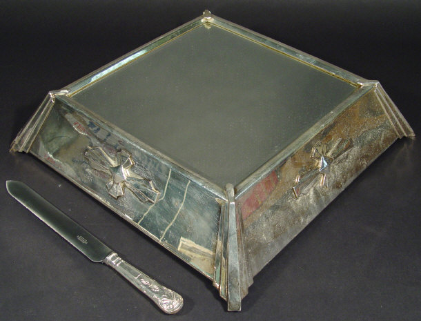 Appraisal: Art Deco silver plated square cake stand with bevelled mirrored