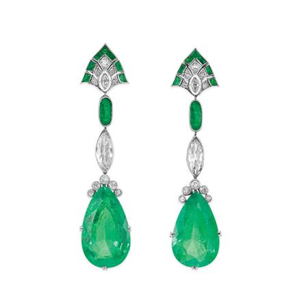 Appraisal: Pair of Platinum Emerald and Diamond Pendant-Earrings Estimate -