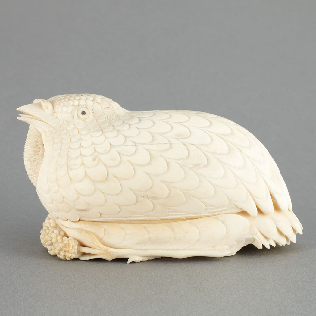 Appraisal: Chinese Ivory Quail-Form Box th Century Thinly and naturalistically carved