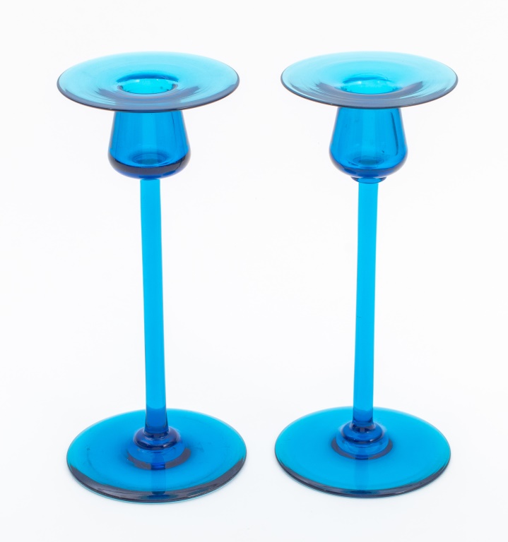 Appraisal: CARDER STEUBEN ATTR CELESTE BLUE CANDLESTICKS Frederick Carder English -