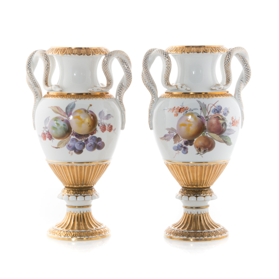 Appraisal: Pair of Meissen porcelain urns th century with double serpent