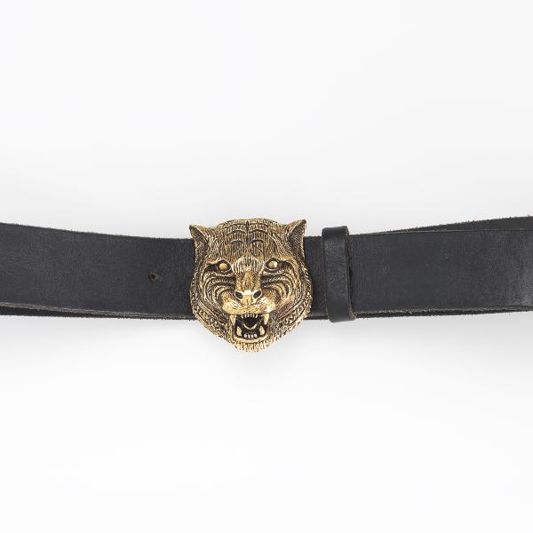 Appraisal: GUCCI MEN'S FELINE HEAD ACCENT BLACK LEATHER BELT x Gucci