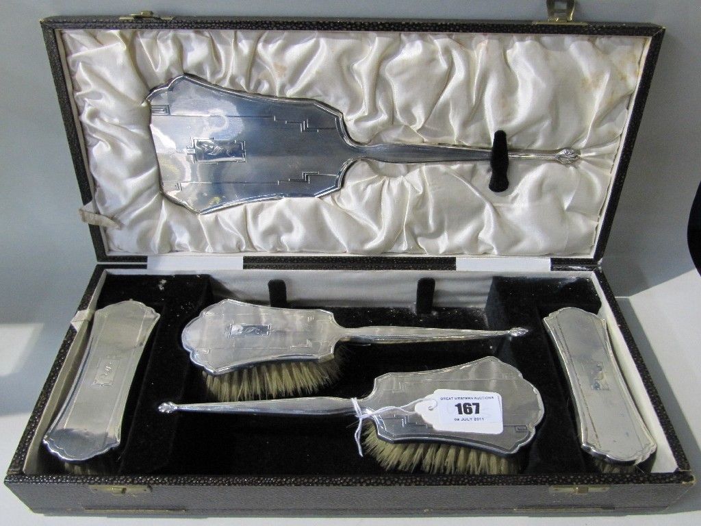 Appraisal: Cased five piece silver dressing table set Birmingham