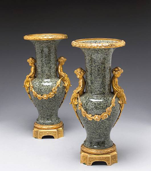 Appraisal: A pair of Louis XVI style gilt bronze mounted green