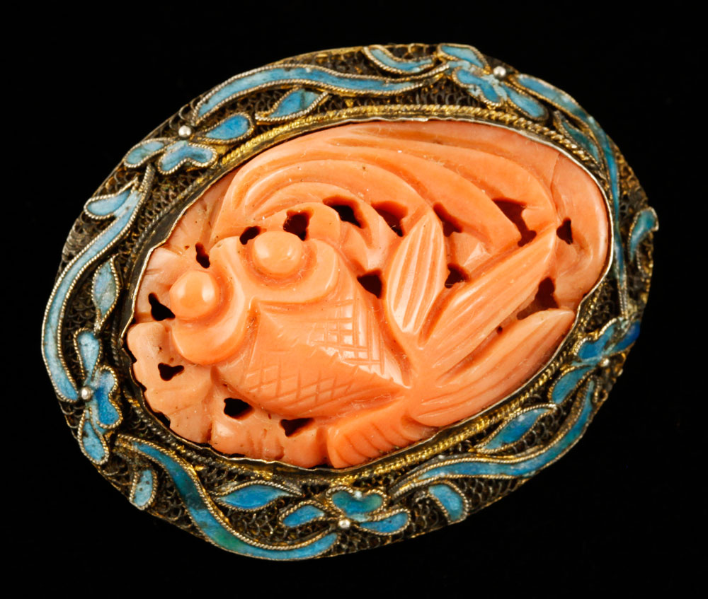 Appraisal: - Chinese Coral and Silver Brooch Chinese brooch in the