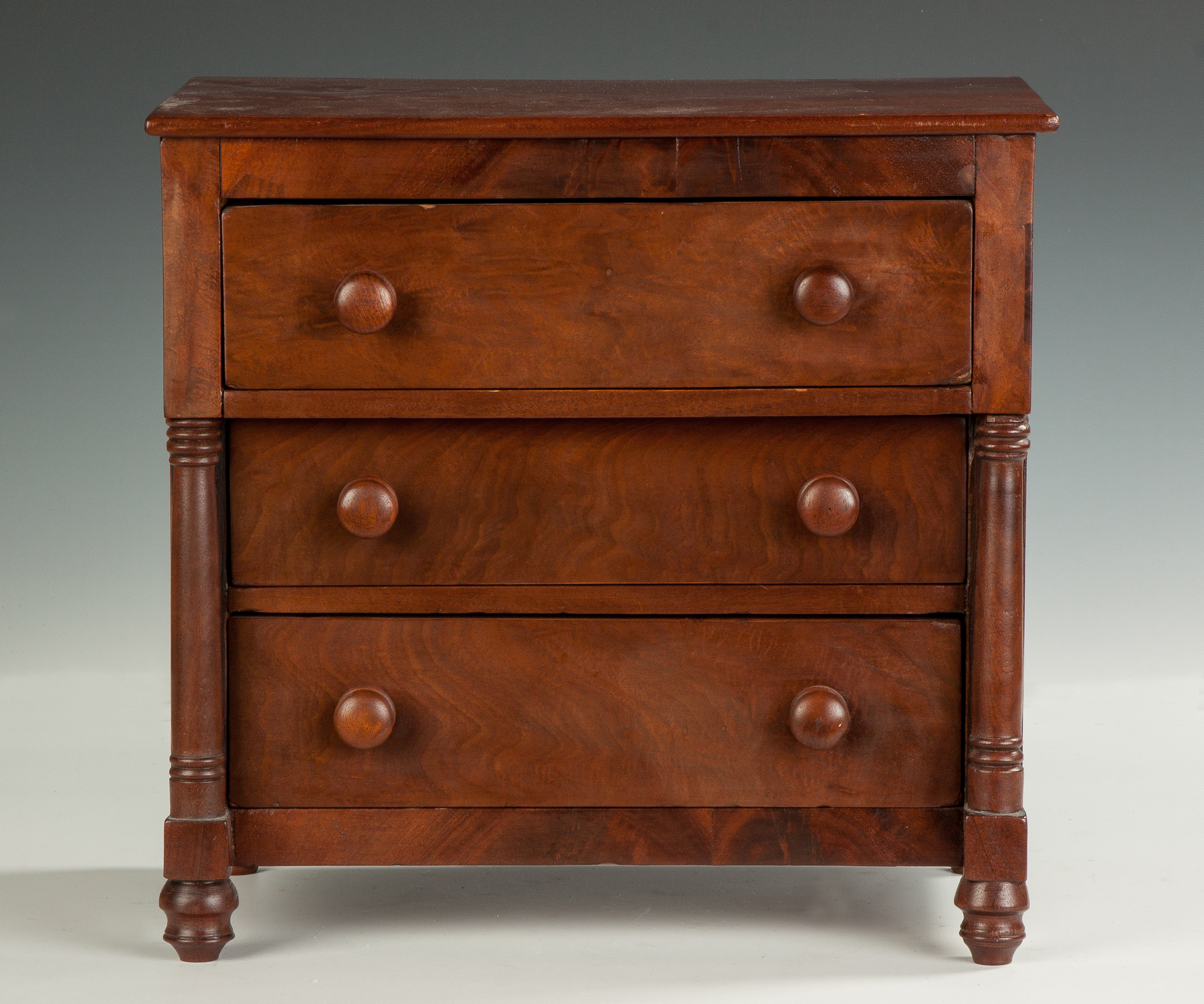 Appraisal: Miniature Mahogany Three Drawer Chest C Dovetailed drawers