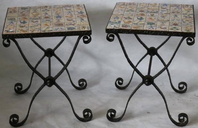 Appraisal: PAIR OF MID- TH C FRENCH WROUGHT IRON TILE-TOPTABLES WITH