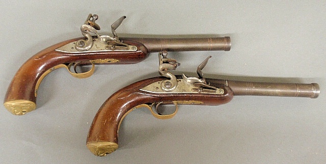 Appraisal: - Pair of Continental style flintlock pistols with brass trigger