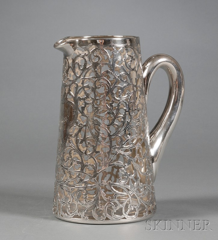 Appraisal: Alvin Sterling Overlay Colorless Glass Pitcher c tapered cylindrical with