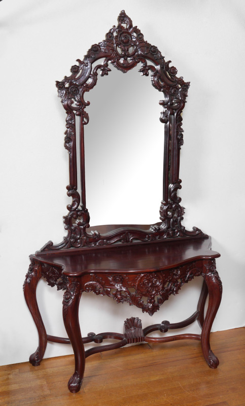 Appraisal: CARVED ROSEWOOD HALL TABLE WITH MIRROR Contemporary piece hall table