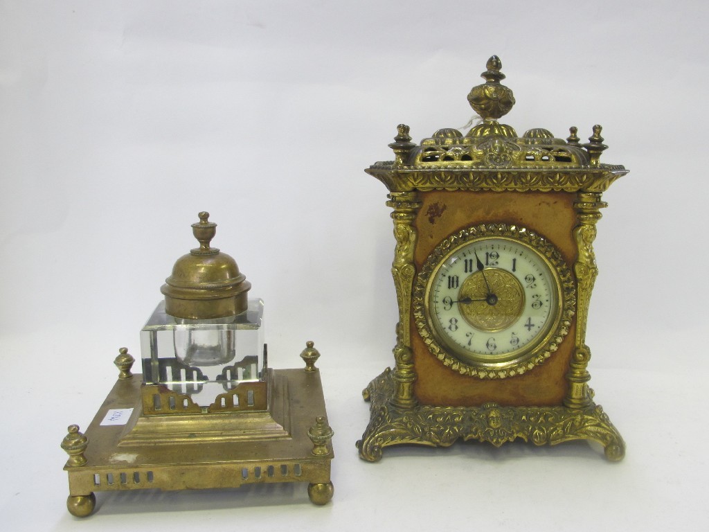 Appraisal: Brass and leather clock and a brass inkwell