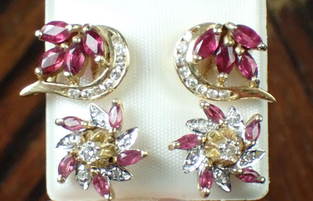 Appraisal: TWO PAIRS OF RUBY DIAMOND AND FOURTEEN KARAT GOLD EAR