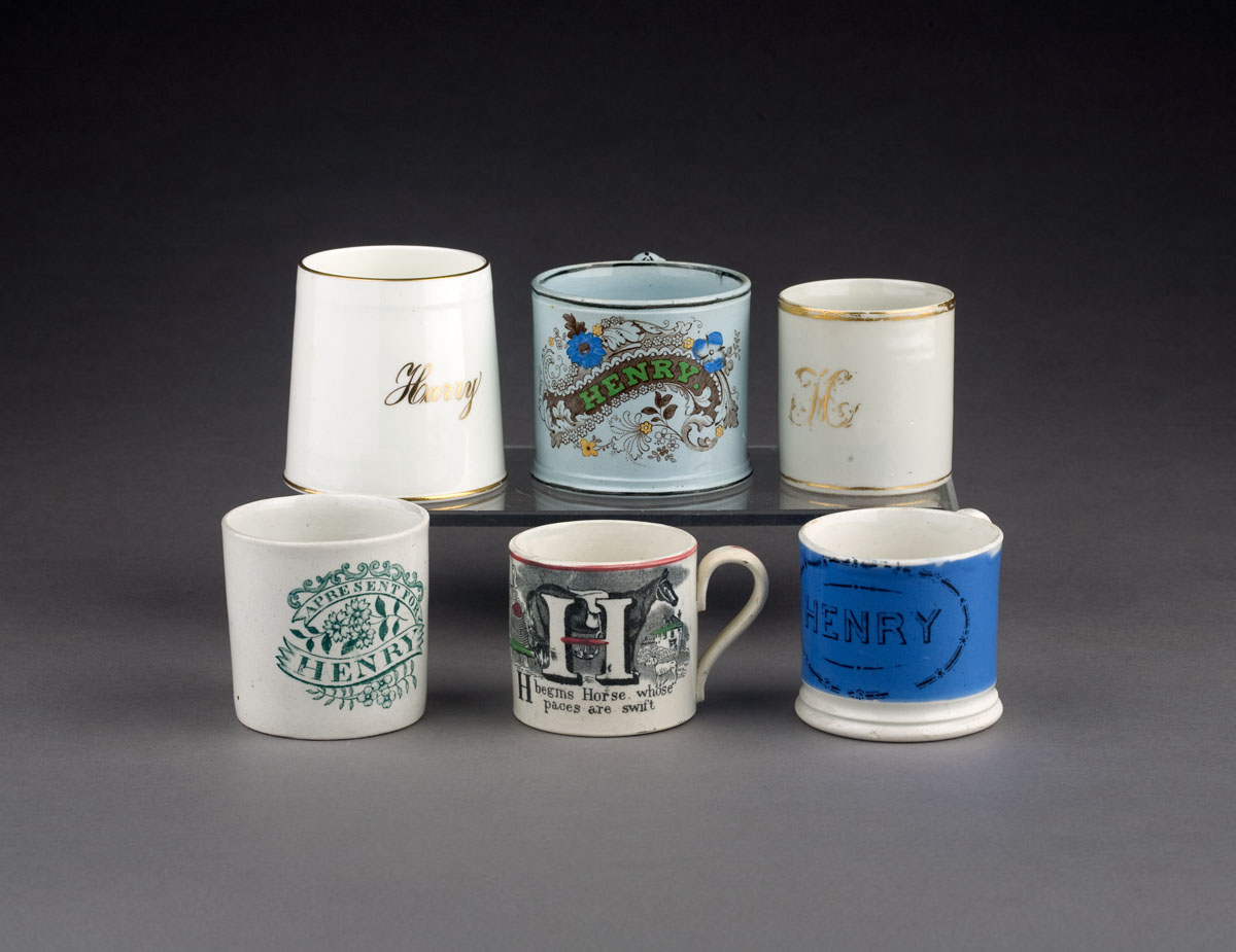 Appraisal: SIX ENGLISH POLYCHROME TRANSFER-PRINTED POTTERY AND GILT-DECORATED PORCELAIN CHILDREN'S MUGS