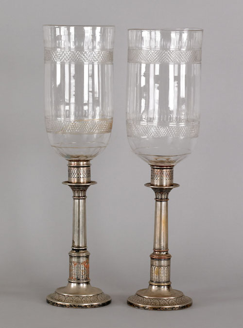 Appraisal: Pair of Sheffield plate hurricane lamps late th c with