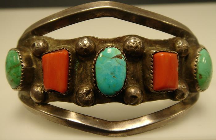 Appraisal: Silver Cuff Bracelet Unmarked decorated with three tuquoise cabochons and