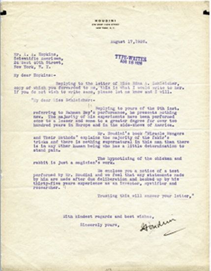 Appraisal: HOUDINI Harry Ehrich WEISS - Typed Letter Signed Houdini to