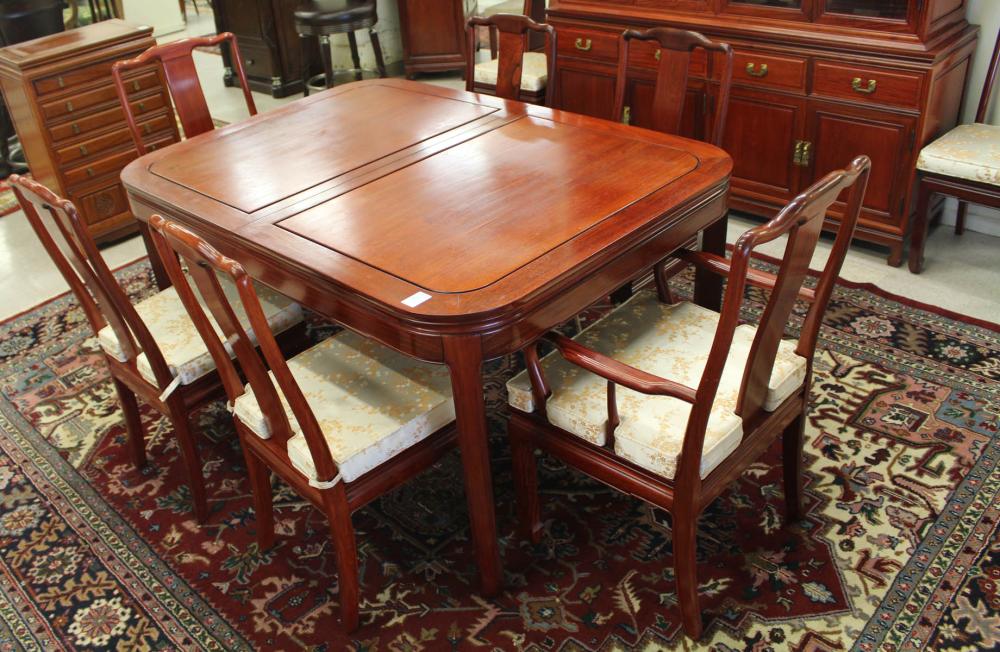 Appraisal: ROSEWOOD DINING TABLE AND CHAIR SET WITH LEAF Chinese late