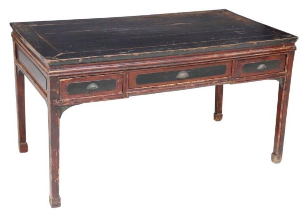 Appraisal: Chinese wood writing desk rectangular plank top each side fitted