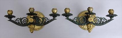 Appraisal: PAIR OF EMPIRE-STYLE VERDIGRIS CAST AND GILT-METAL THREE-LIGHT WALL APPLIQUES