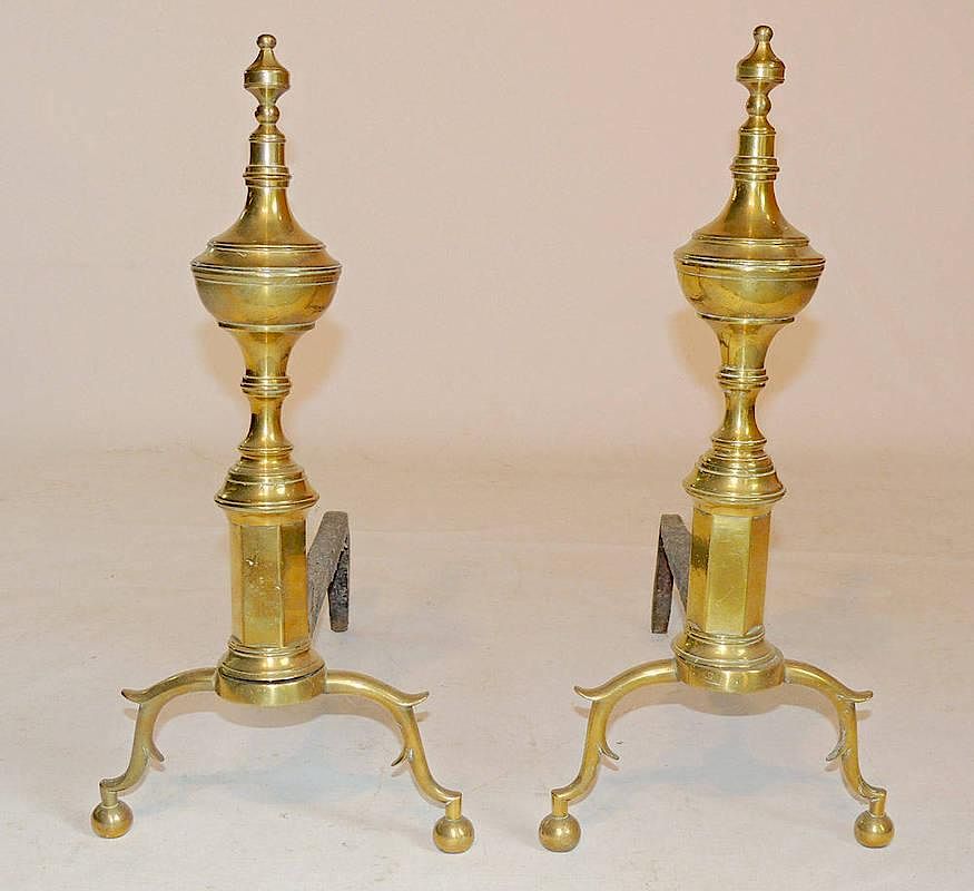 Appraisal: Federal Brass Andirons Early th Century With urn finials tall