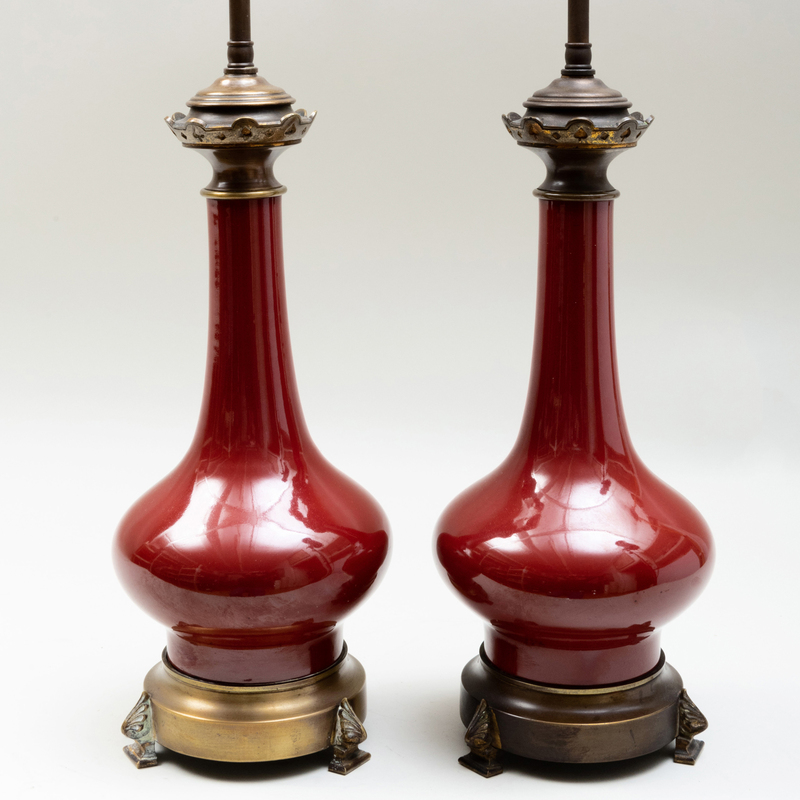 Appraisal: Pair of Chinese Gilt-Metal-Mounted Copper Red Glazed Vases Mounted as