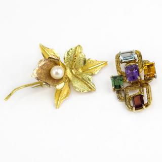 Appraisal: Vintage Karat Yellow Gold and Pearl Flower Brooch together with