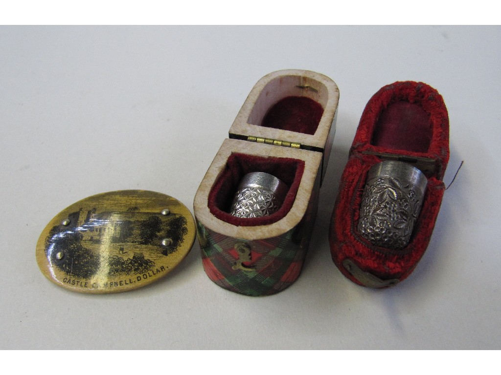 Appraisal: Lot comprising tartanware thimble box two silver thimbles and a