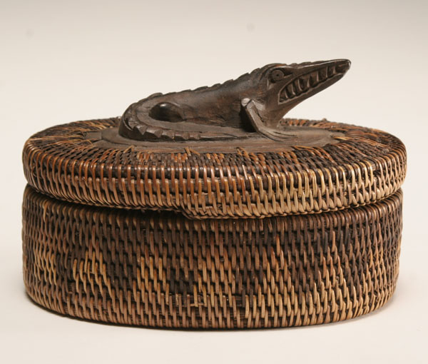 Appraisal: African quill box with carved wooden crocodile lift Democratic Republic