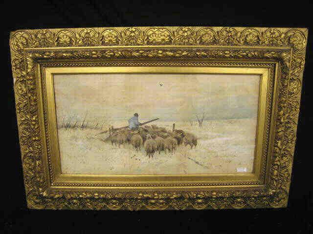 Appraisal: th Century Watercolor of Sheep in Winter signed illegibly image