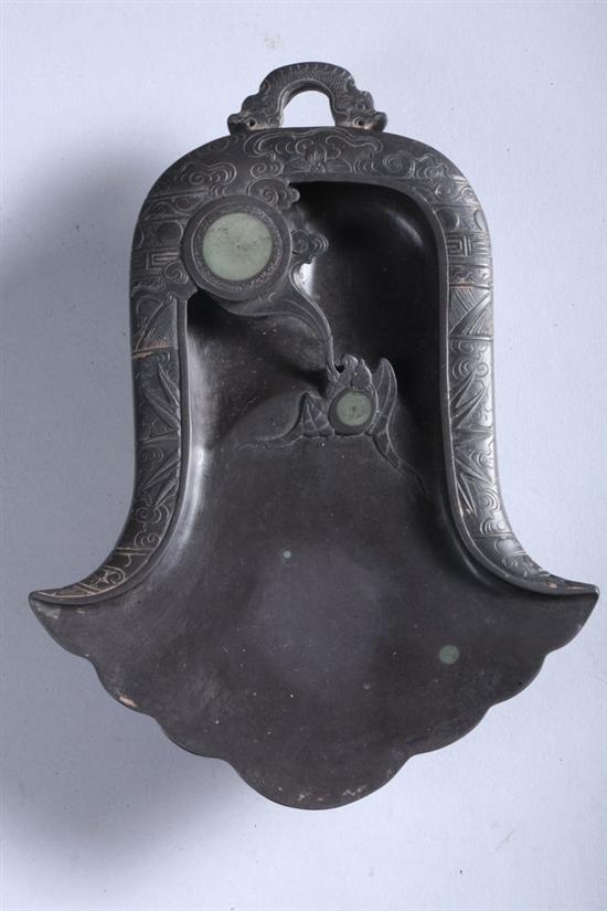 Appraisal: CHINESE INKSTONE Bell-shaped carved in low relief with a bat