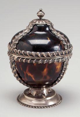 Appraisal: Tortoise and silver string box lidded circular box tortoise with