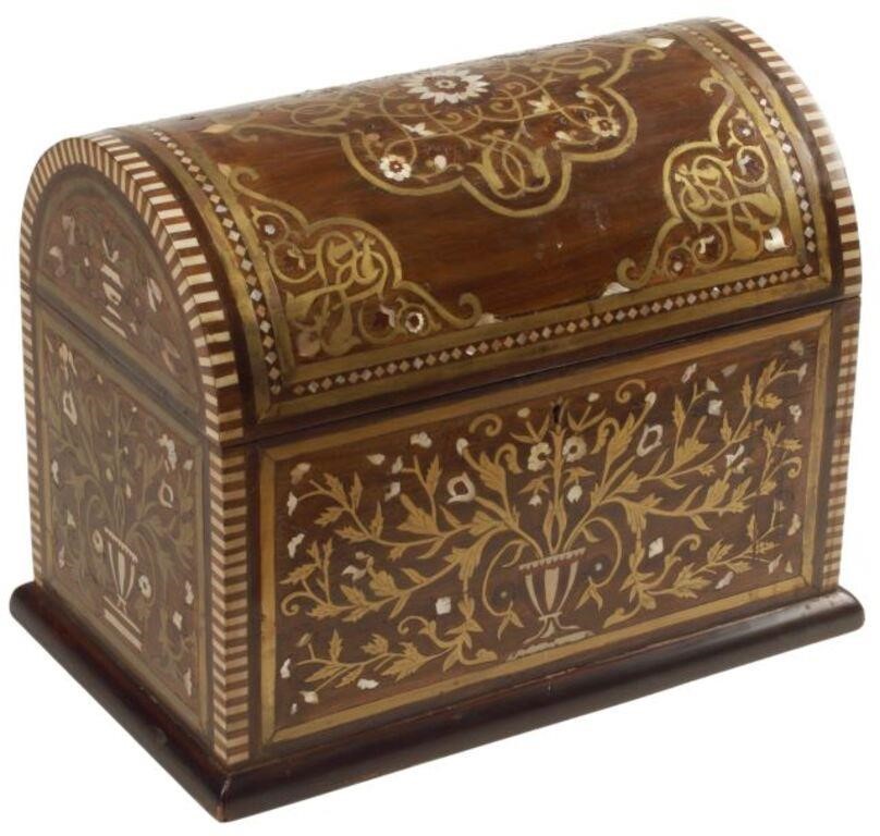 Appraisal: Bronze and mother-of-pearl inlaid domed casket with some veneer lifting