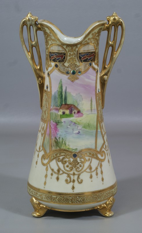 Appraisal: Nippon Hand Painted and Jeweled Vase with pastoral scenes marked