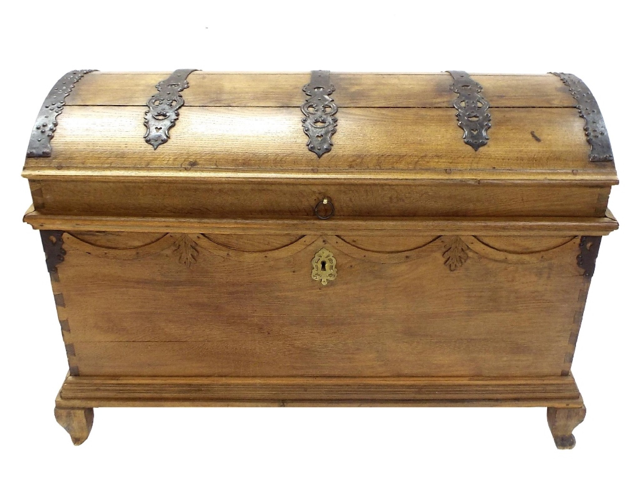 Appraisal: Attractive French oak dome topped chest with wrought iron strapwork