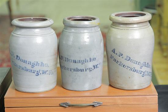 Appraisal: THREE STONEWARE CROCKS All with collared rims and signed in