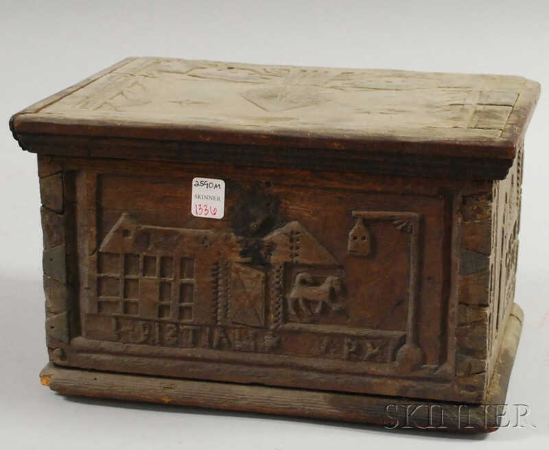 Appraisal: European Folk Carved Scenic-decorated Hardwood Dovetail-constructed Lidded Box the front