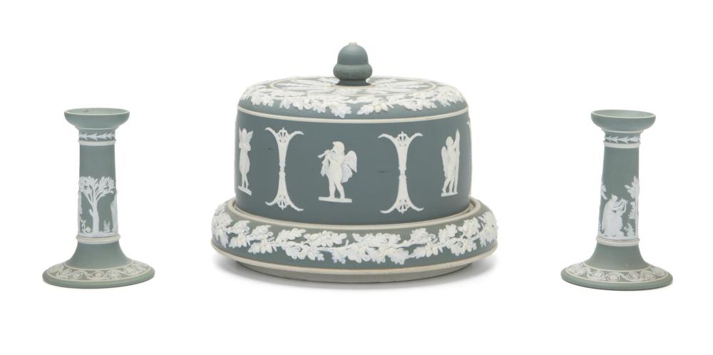 Appraisal: A green Wedgwood-style cheese dome with Wedgwood candlesticks Late th