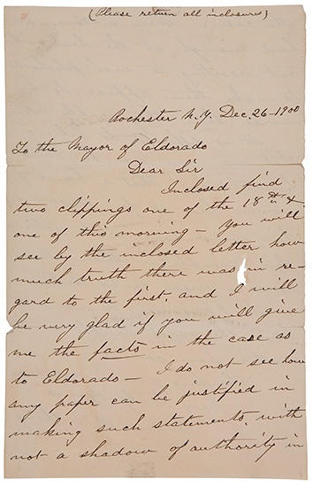 Appraisal: ANTHONY SUSAN B Autograph Letter Signed to the Mayor of