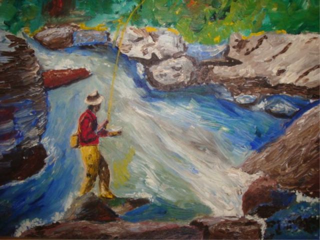 Appraisal: O B of Fly Fisherman in Stream Possibly signed lower