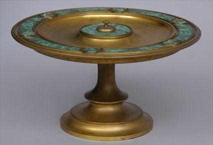 Appraisal: RENAISSANCE-STYLE MALACHITE-MOUNTED GILT-BRONZE TAZZA The shallow bowl with central rondel