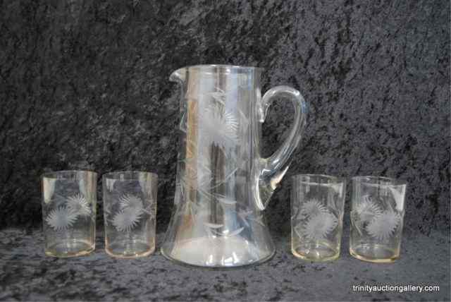 Appraisal: Vintage Etched Glass Pitcher w Tumblers SetFrom the estate is