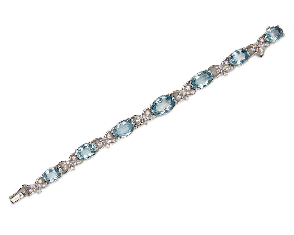 Appraisal: K Gold Aquamarine and Diamond Bracelet K Gold Aquamarine and